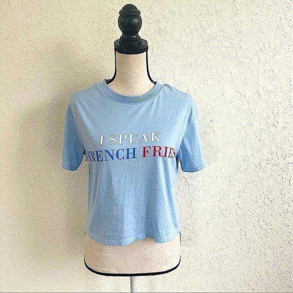 ARIZONA JEANS Blue I Speak French Fries Short Sleeve Crop Top Cotton Size Small - Picture 1 of 3